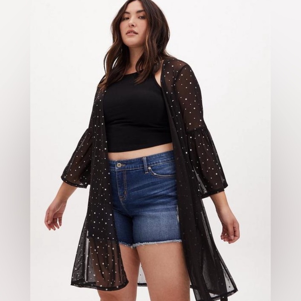 Torrid 5/6 Black Mesh & Iridescent Star Bell Sleeve Longline Kimono - Picture 2 of 10